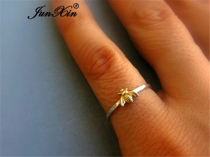 JUNXIN Female Male Cute Small Gold Bee Rings For Women Men 925 Silver Filled Stackable Joint Midi Ring Minimalist Jewelry Gifts