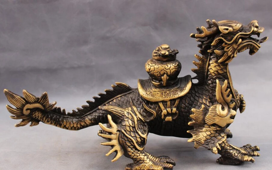 

S3266 12" China Chinese Bronze Auspiciou Bowl Wealth Fly Dragon Kulin Unicorn Statue D0317