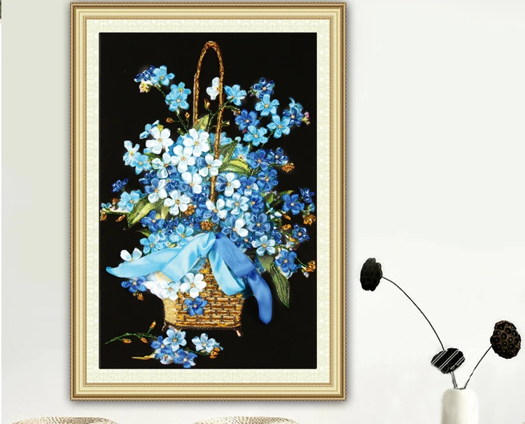 

Unfinished Printed DIY Needlework Patterns Kits For Handmade Ribbons Embroidery Sets,a basket of flowers 50*40cm