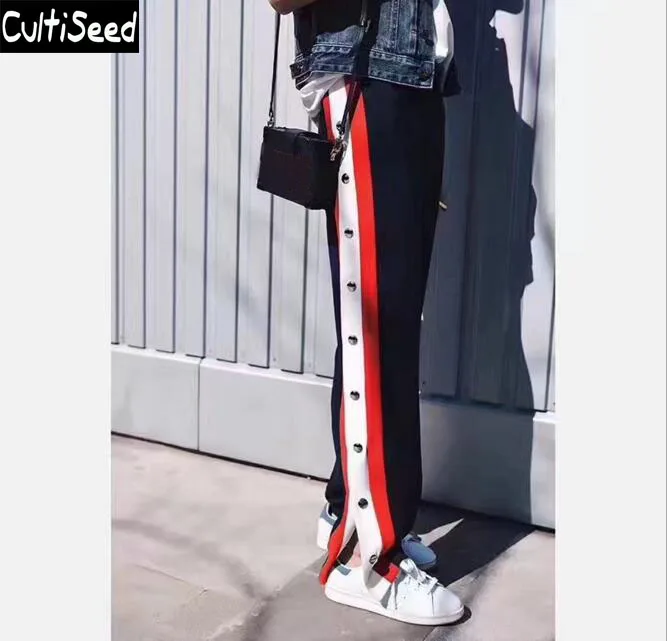  Color Striped Loose Casual Wide Leg Pants Women Single Breasted Metal Rivet Split Casual Pants Trou