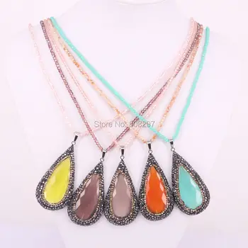 

5Pcs Handmade Crystal Beads Necklace with Pave Rhinestone Faceted Cat Eye Stone Pendant Fashion Women Necklaces