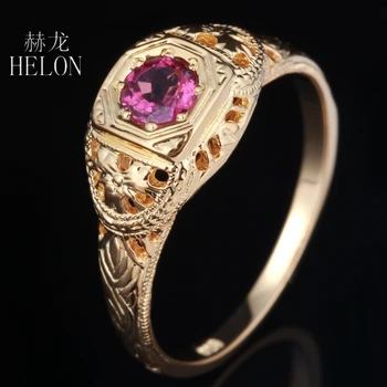 

HELON Solid 14k Yellow Gold Certified Round 0.5ct Natural Tourmaline Engagement Wedding Ring Women Pretty Vintage Fine Jewelry