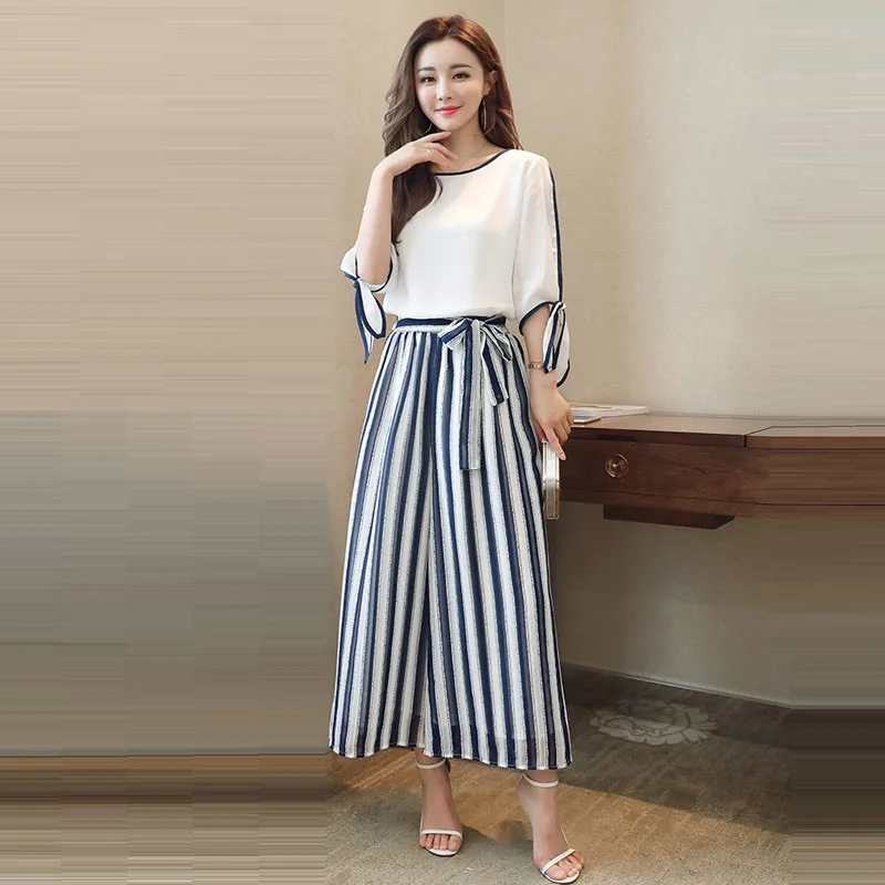 

2019 New Summer Fashion Elegant Chiffon Casual Loose blouse Pant Set 2 Piece Set Women White Shirt And Striped Wide Leg Pants