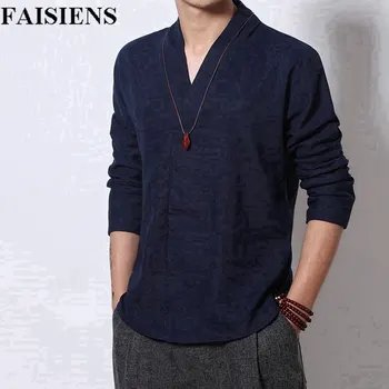 

FAISIENS Men Linen Vintage T-shirts Summer 2018 Casual 5XL Plus Size Loose Tshirt V-neck T-shirt White Cool Japan Style Tops