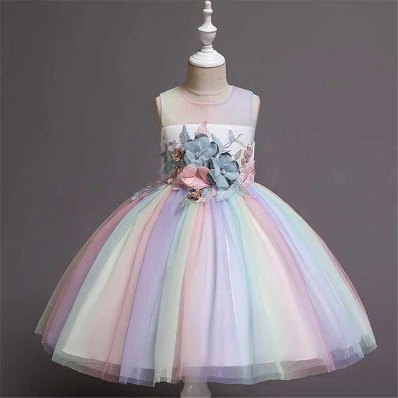 

New Rainbow Girl Unicorn Tutu Dress Fancy Pony Unicorn Wedding Bridesmaid Costume for Kids Princess Carnival Party Dress Vestido