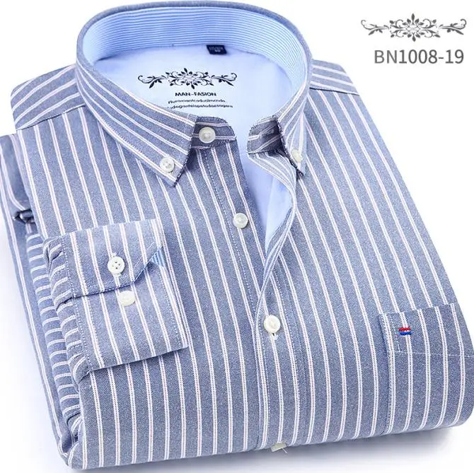 Зимние новые толстые полосатые мужские Оксфордские повседневные тонкие рубашки подходят для мужчин с длинным рукавом рубашки плюс бархатная Мужская рубашка homme - Цвет: BN1008 19