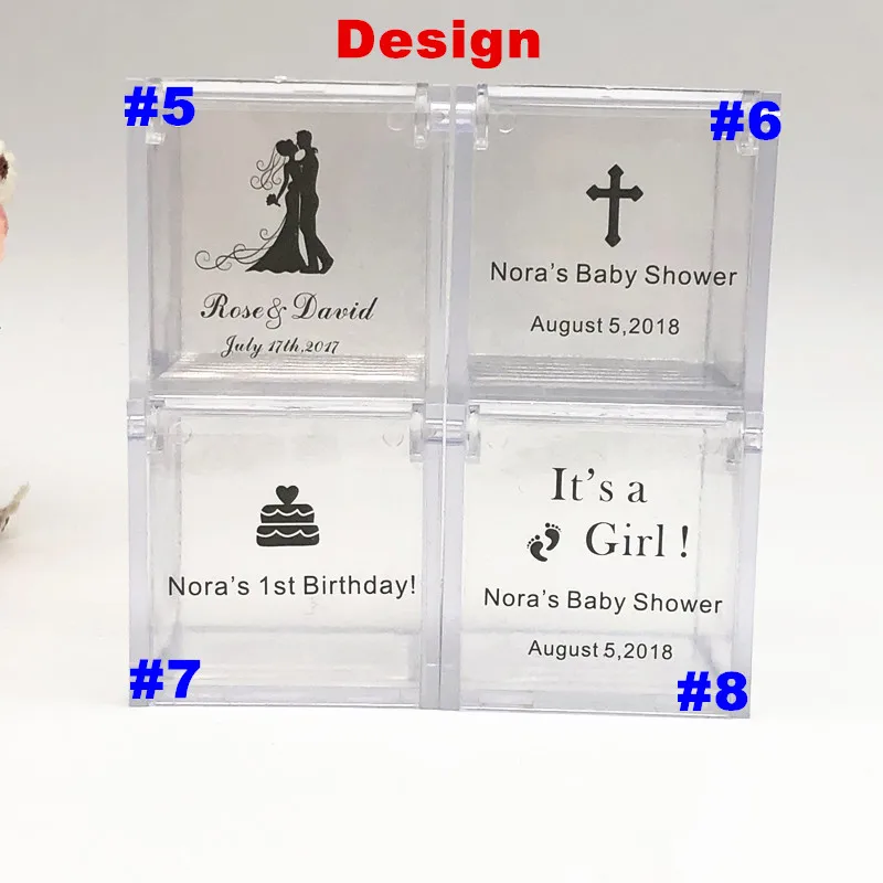 12pcs/lot Personalized Wedding Gift Box Baby Shower Favors Big Size Square Transparent Plastic Candy Box with Customized Labels