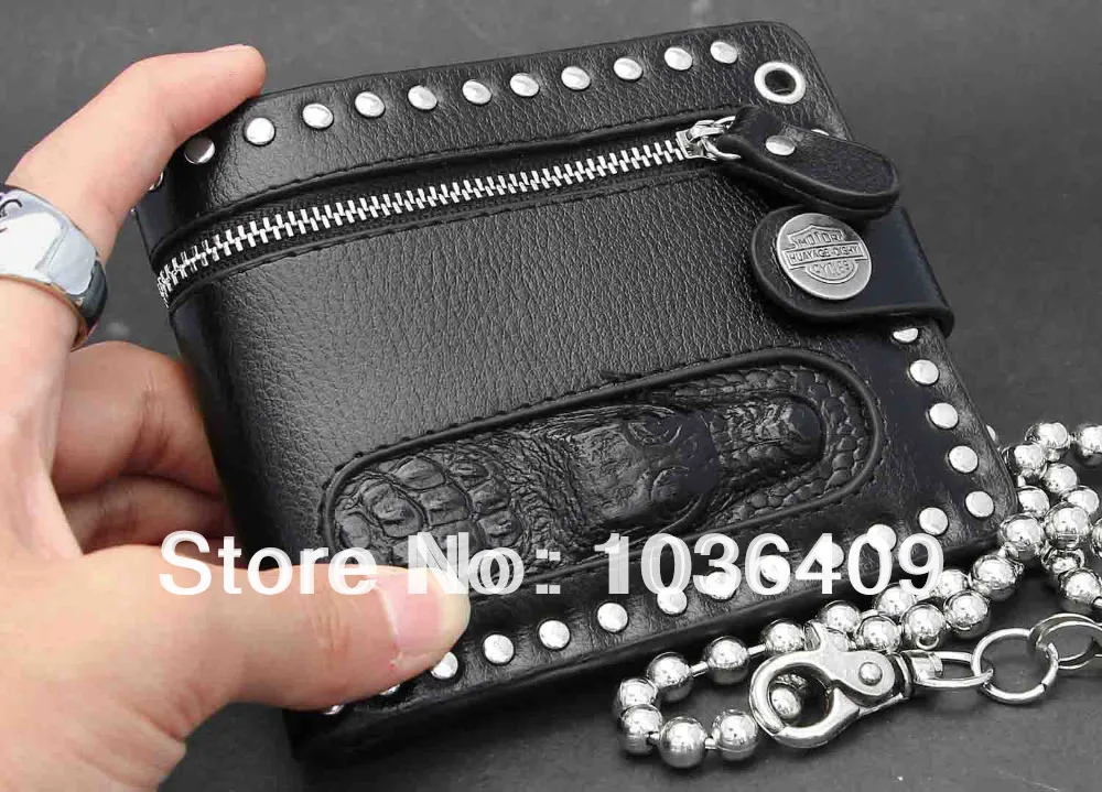 Черный с крокодиловой головой модный мужской кожаный двойной бумажник Байкер Ретро рокер сумочка в стиле панк