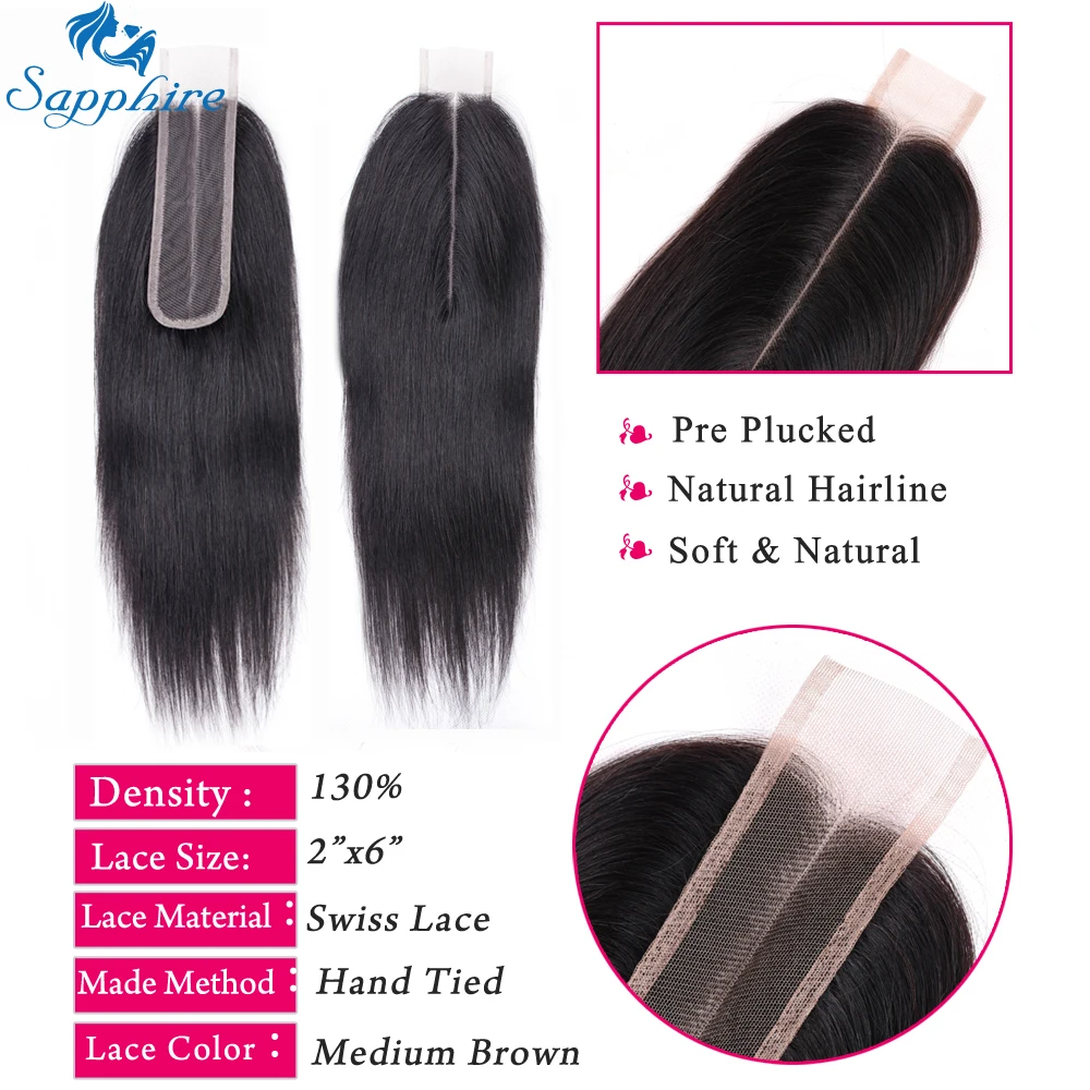 Sapphire Straight Hair Extensions Brazilian Hair Weave Bundles With Closure Human Hair Bundles With 2*6 Lace Closure Middle Part