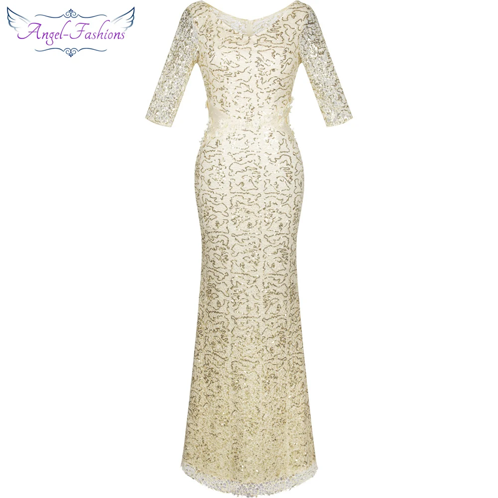 

Angel-fashions Half Sleeves Beading Lace Mermaid Long Evening Dress Abendkleid White 415