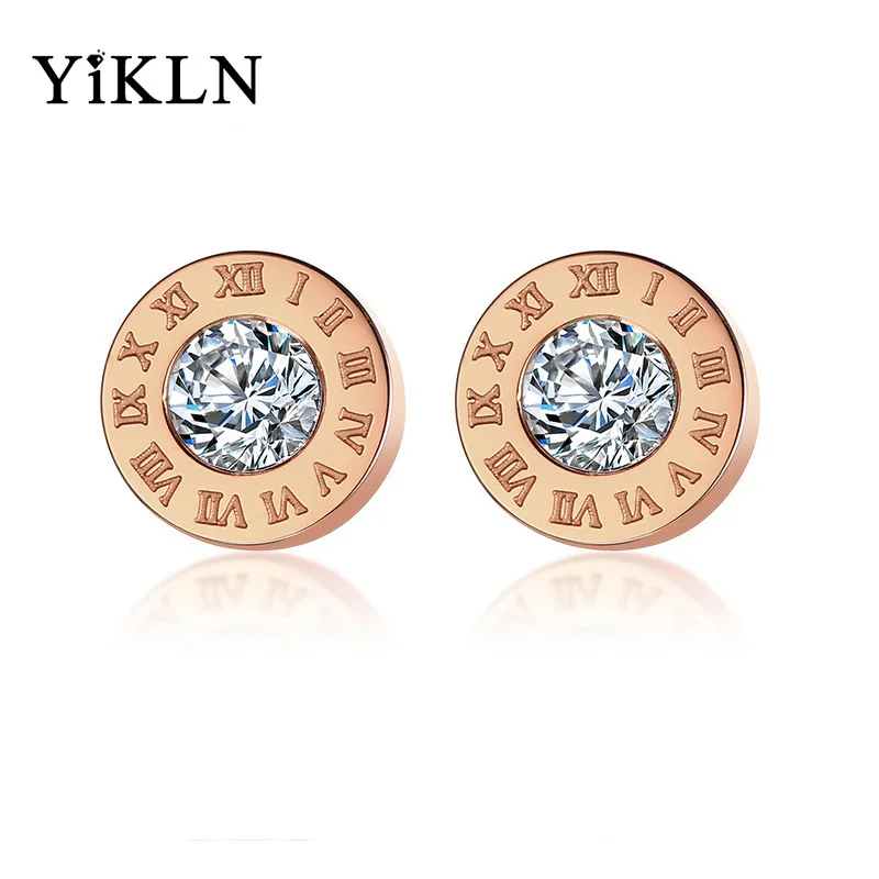

YiKLN Trendy OL Style Roman Numeral CZ Zircon Stud Earrings For Girls Rose Gold Stainless Steel Women Earrings Jewelry YE18281