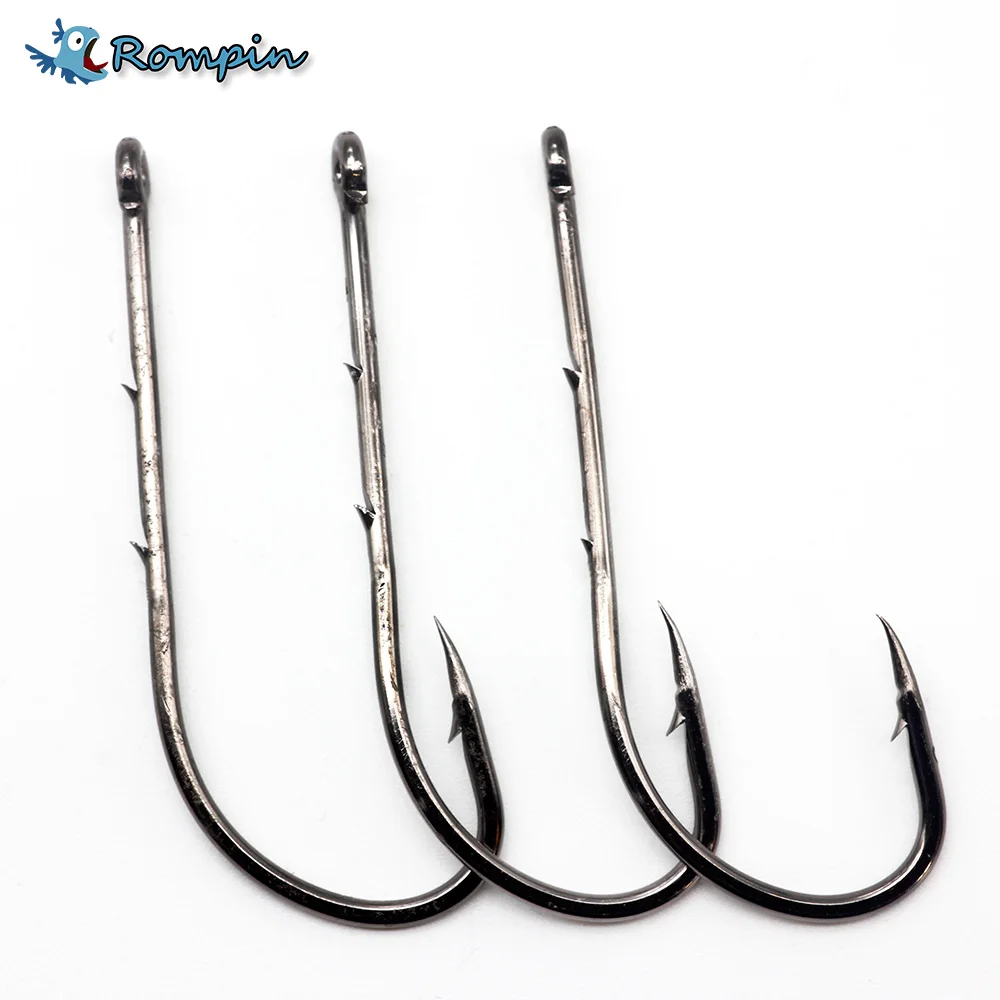 

Rompin 50pcs/bag 92247 Fishing Hooks Black Offset Sliced Long Barbed Shank Baitholder Bait Hook Size 6#-6/0#