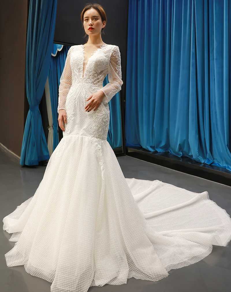 J66602 jancember с v-образным вырезом и длинными рукавами, кружевное свадебное платье-Русалка со шлейфом длиной до пола, со шнуровкой сзади, свадебное платье нового дизайна
