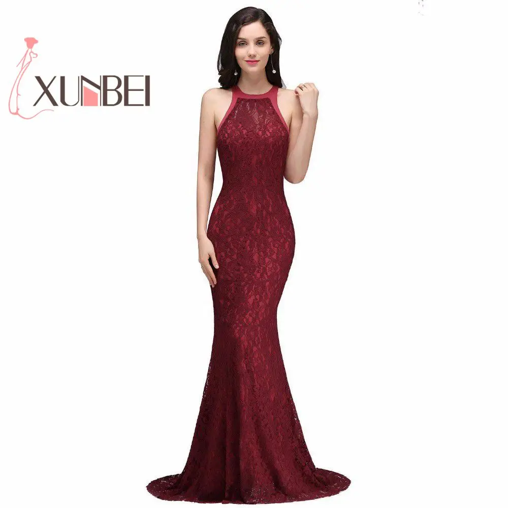 

Vestidos festa Elegant Mermaid Burgundy Lace Prom Dresses Long 2019 High Neck Party Dress Dress