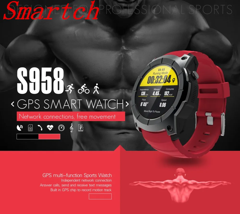 

Smartch S958 GPS Outdoor Sports Smart Watch IP66 Life Waterproof with Heart Rate Monitor Pressure for Android 4.3 IOS 8.0 above
