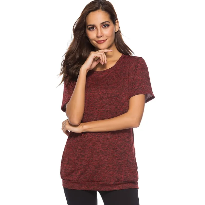 Women Solid Color Short Sleeve Round Neck Splice T Shirts Tops Tee with