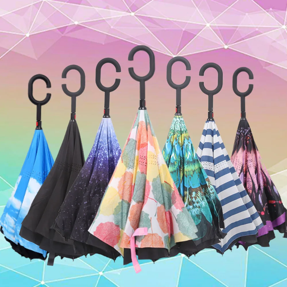 

Reverse Umbrella Folding Double Layer Inverted Windproof Rain Car Umbrellas For Women Men Boy Girls