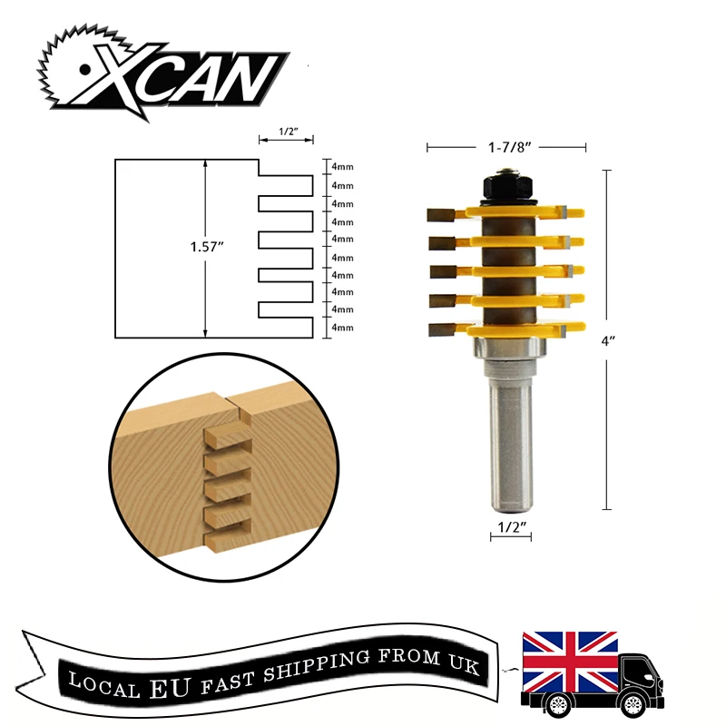 XCAN 1pc 1/2'' Shank 3 Flute Joint Router Bit Bearing Guided Comb Jointer Set Wood Milling