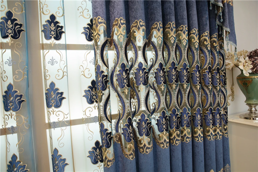Синие Роскошные водорастворимые шторы с вышивкой в европейском стиле для гостиной, королевские классические высококачественные шторы для спальни