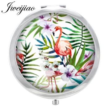 

JWEIJIAO Flamingo Pink Red Tall blond Glass Cabochon Makeup Mirror Floding Round compact Hand pocket Magnif Mirror espejo