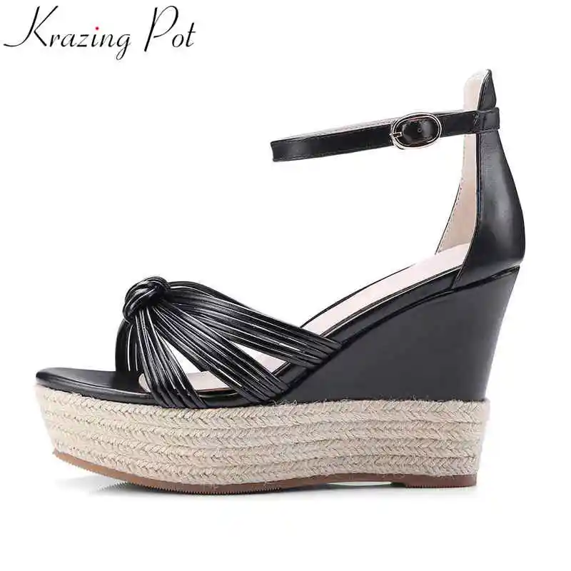 Krazing Pot buckle strap knotting super high bottom solid straw decoration wedge temperament cow leather woman lady sandals L33