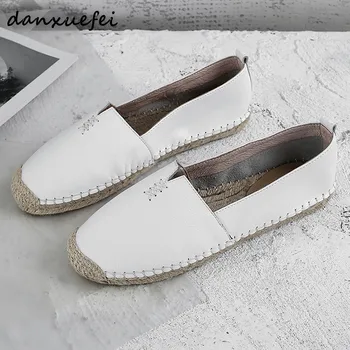 

3 Color Size 34-40 Women's Genuine Leather Slip-on Flats Loafers Brand Designer Hemp Sole Leisure Moccasins Comfortable Shoes