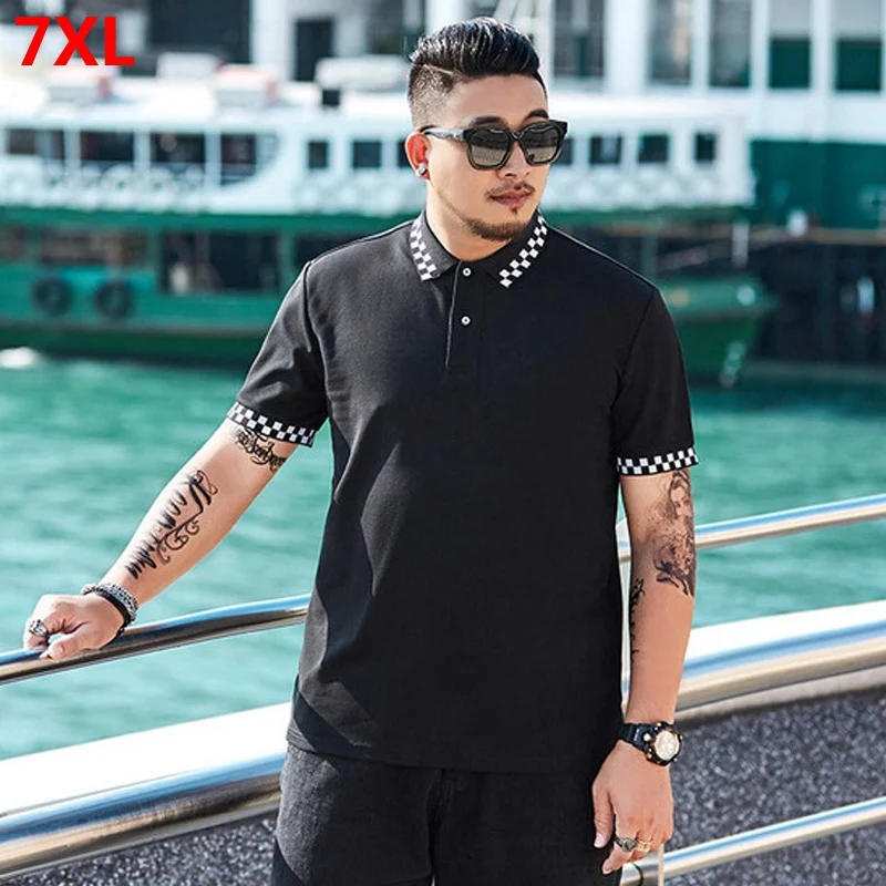 

Tide brand large size men's short-sleeved polo shirt loose casual lapel black and white plaid solid color Polo shirt
