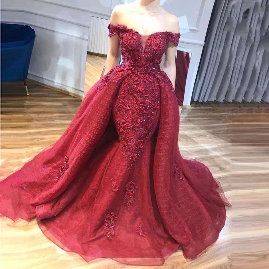 High End Wine Floral Mermaid Evening Gowns With Detachable Train Beaded Lace Bridal Dresses Off Shoulder Red Vestido Formatura