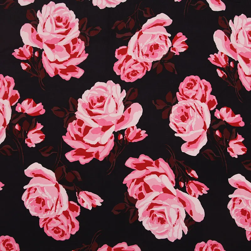 Black Pink Rose vintage fabric Retro style fabric Calico Printed cotton ...