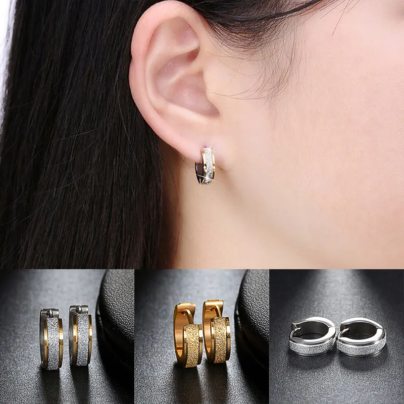 

Frosted Stainless Steel Round Small Circle Huggies Rhinestone Hoop Earrings For Women Fashion Loop Ear Jewelry 1 Pair Earrings