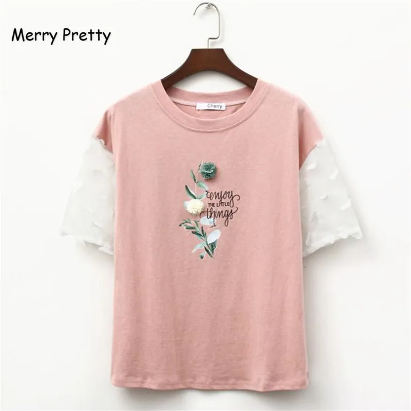 Merry Pretty T Shirt Women Summer New Floral Appliques Tops Sweet Short