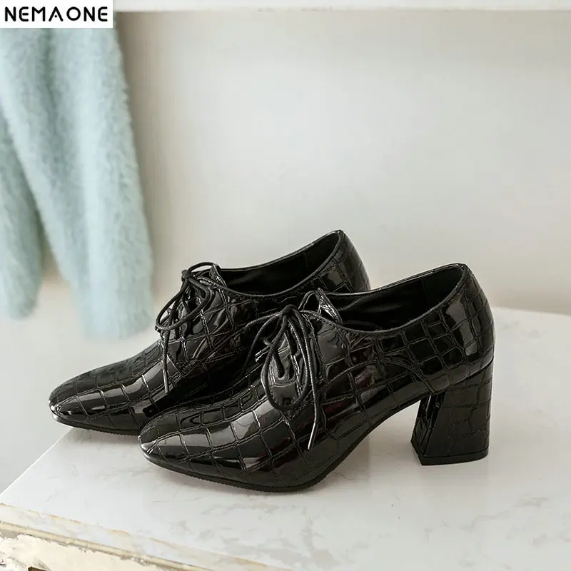

NEMAONE New lace up women Shoes Women's thick high Heels Women Pumps square Toe dress shoes woman