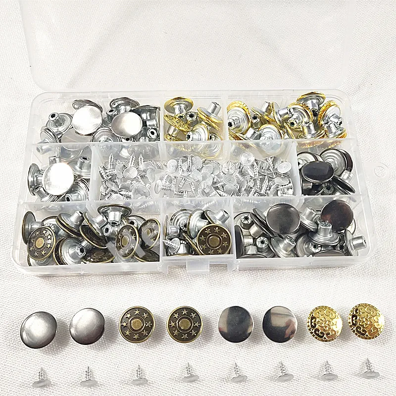 

120 Sets Jeans Buttons Metal Button Tack Snap Fasteners Buttons Press Studs Replacement Kit 4 Styles with Rivets and Storage Box
