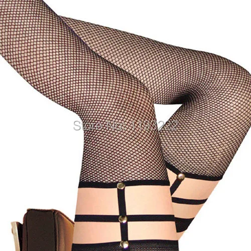 

Harajuku Sexy Punk Goth Rock Lace Bandage Leg Ring Cut Out Rivet Elatic Fishnet Net Thigh High Stockings Pantyhose