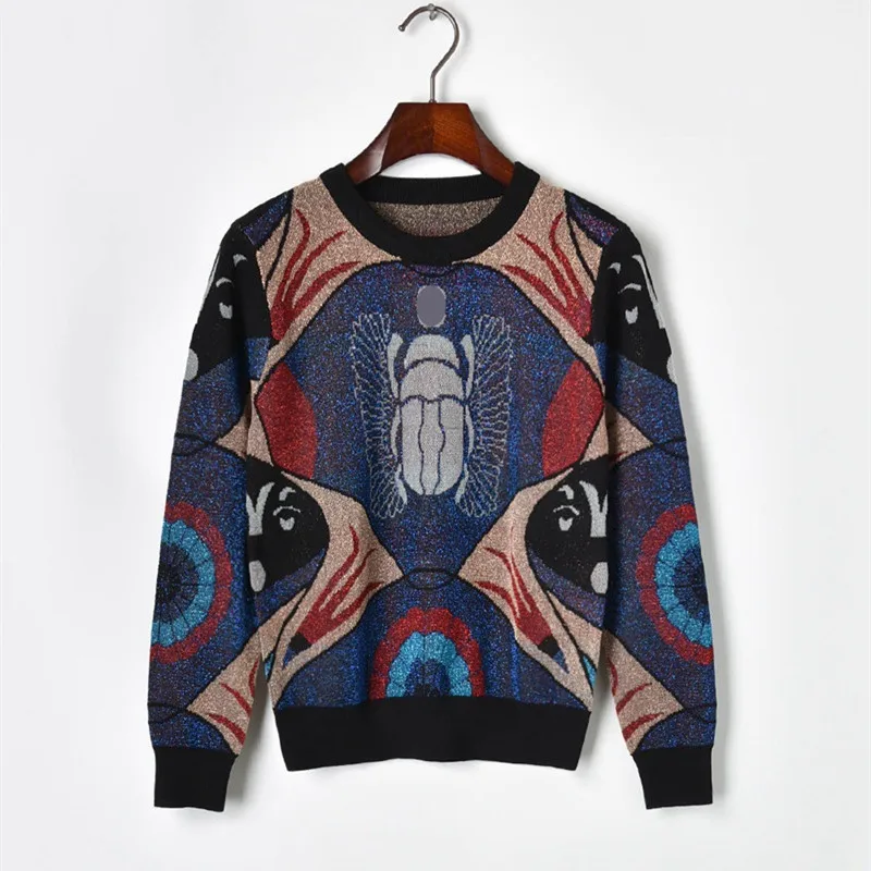 

Luxury Brand Designer Knitted Sweater for Women Vintage Gold Line Jacquard Abstract Pattern Long Sleeve Knitted Pullovers