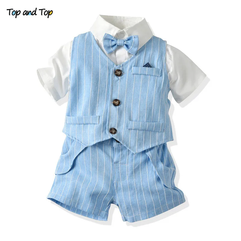 

Top and Top Children Clothing Kids Gentleman Clothes Set Short Sleeve Bowtie Shirt +Vest+Shorts Formal Suit for Wedding Party