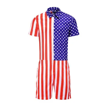 

Men's American flag set striped stitching button suit suit collar short-sleeved shirt shirt Siamese suit Y611