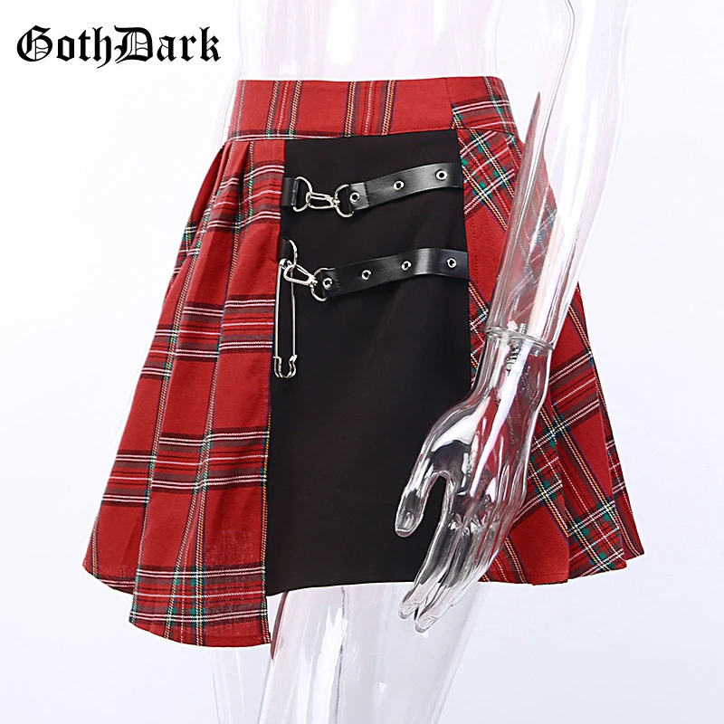 Goth Dark Red Plaid Punk Gothic Skirts Patchwork Rivet Belt Pleated Asymmetrical Belt Grunge Women's Skirt Fall2019 Fashion Sexy