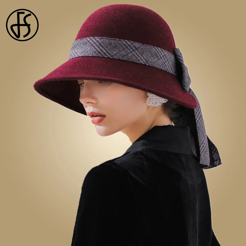 

FS Gray Wine Red Brown Wool Winter Hats For Women 2018 Wide Brim Fedora Hat Autumn Female Bow Ribbon Cloche Felt Hat Topper Cap