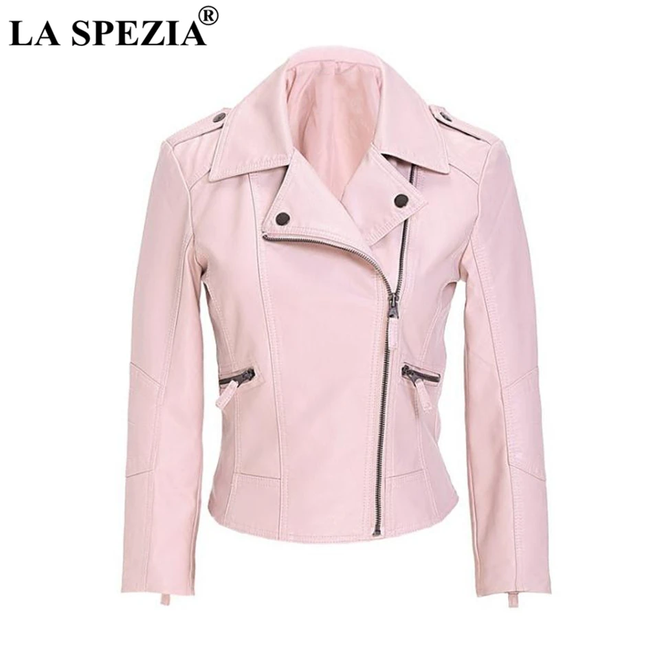 LA SPEZIA Leather Short Jacket Women Black Zipper Coats Ladies Slim Fit Motorcycle Rock Pockets Classic Autumn Winter Clothing 