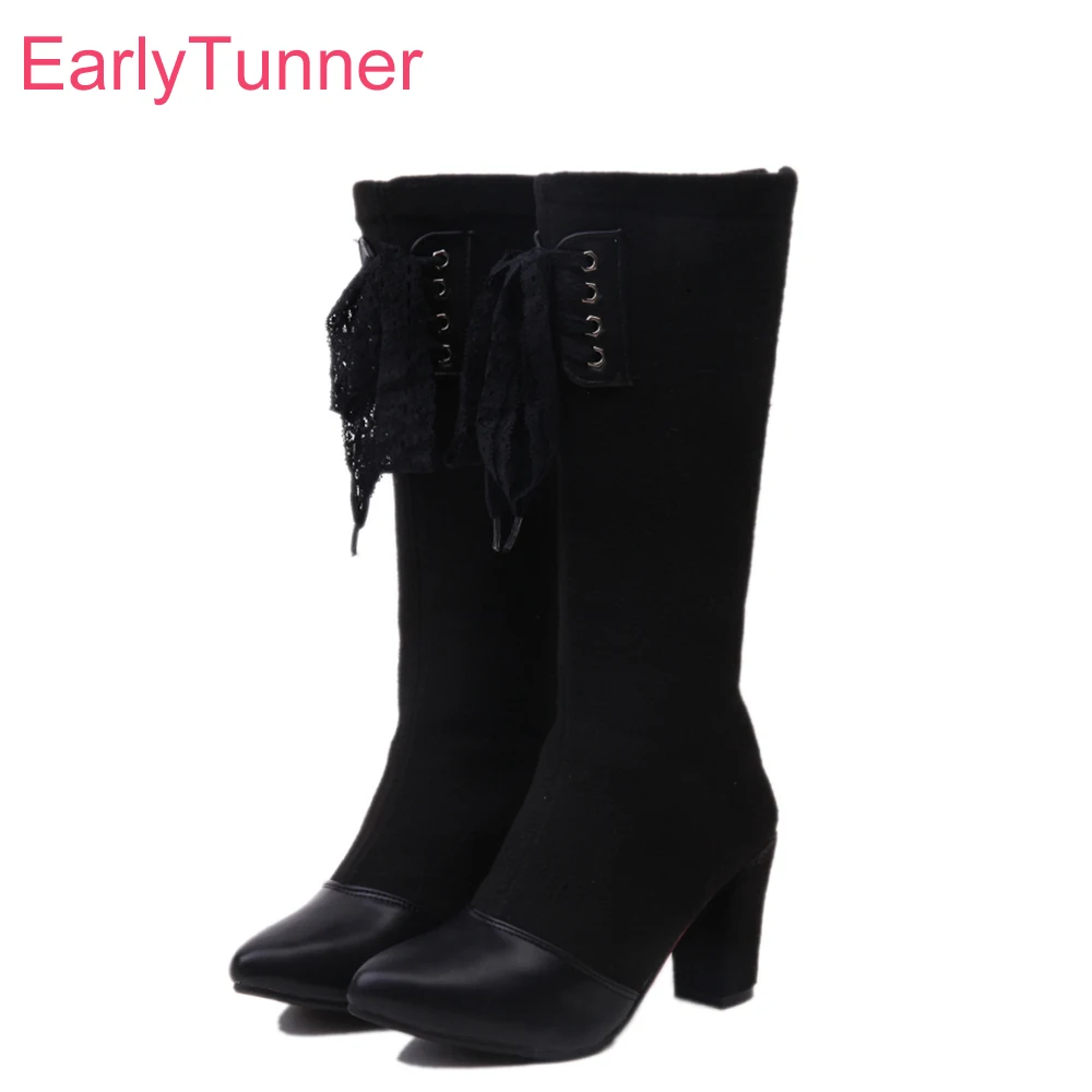 

Brand New Winter Glamour Black Red Women Knee High Boots Sexy Chunky Heels Lady Party Shoes EH210 Plus Big Size 10 32 43 45