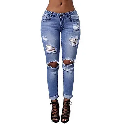 Womens Ladies Stretch Faded Ripped Slim Fit Skinny Denim Jeans Size UK 6 8 12 14 Womens Ladies Stretch Faded Ripped Slim Fit Skinny Denim Jeans Size UK 6 8 12 14