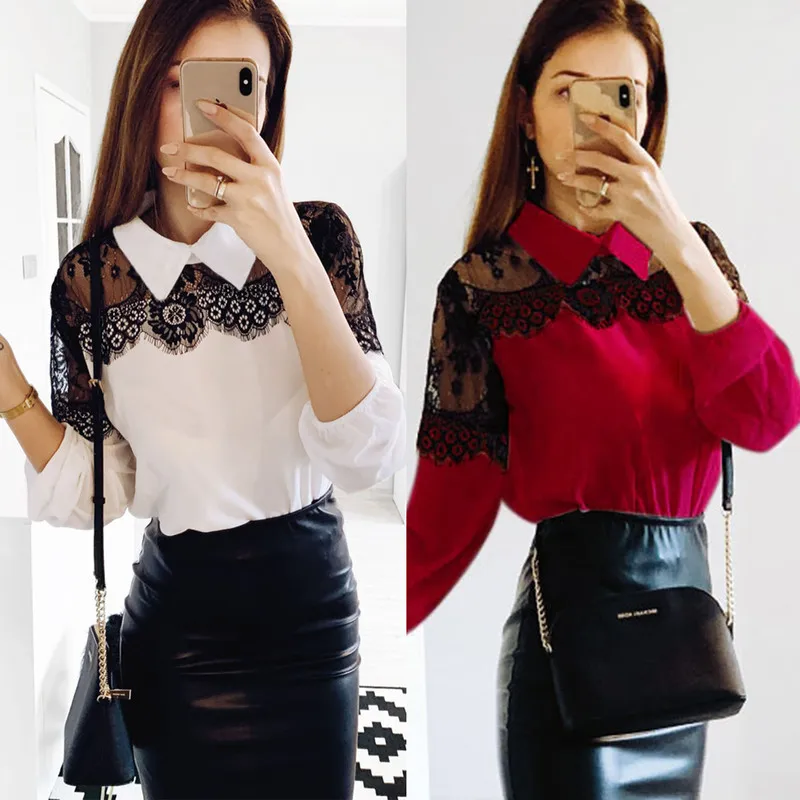 2019 Fashion Casual Red White Long Sleeve Mesh Winter Women Shirt Fashion Tops Women Long Sleeve Shirt Women Fall Clothing