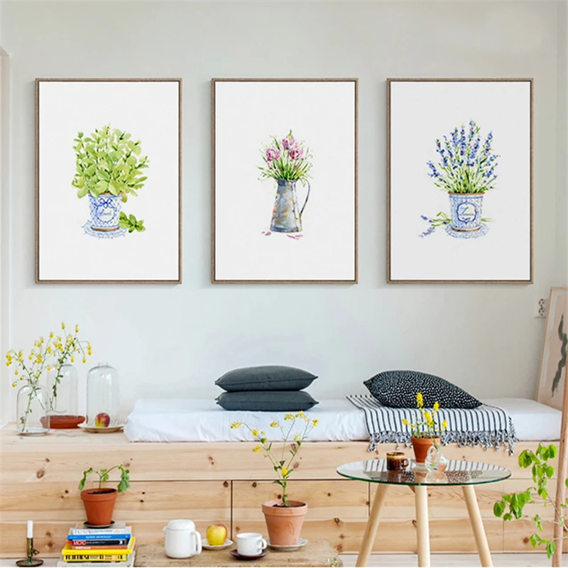 Nordic-Americano-Rural-Vaso-de-Planta-Verde-Fresco-Aquarela-Pintura-Da-Lona-Da-Flor-Da-Alfazema (2)
