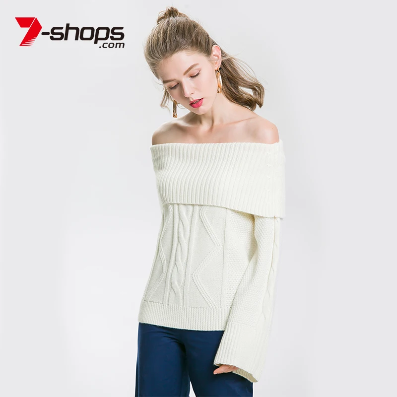 

AECU Sale Wool Off Shoulder Women Sweater Flare Long Sleeve Pullover Female Knitting Sweaters Plus Size Jumper White Kazak