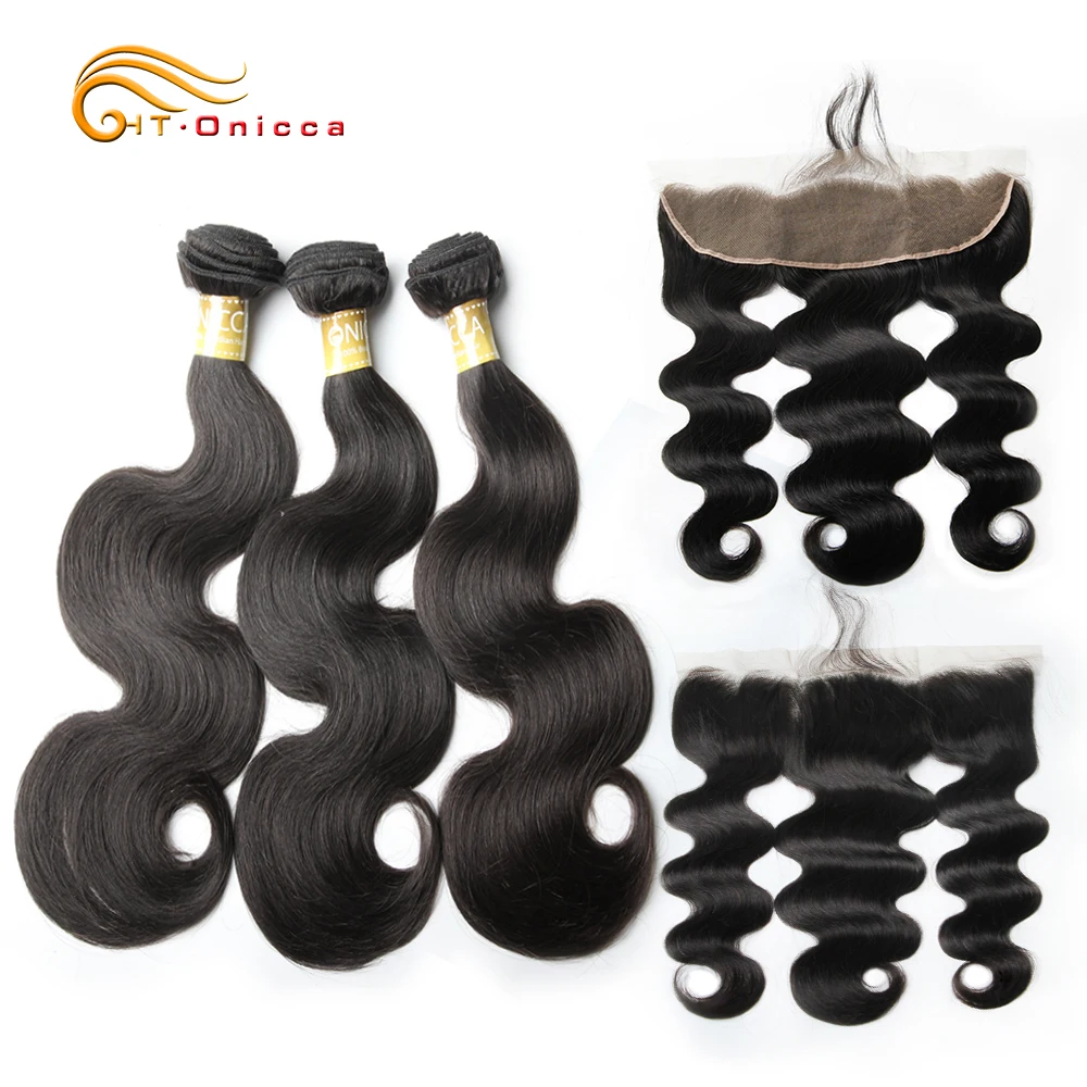 

Onicca Brazilian Body Wave Bundles With Frontal Human Hair Weave 3 Bundles With Closure Free Part 13x4 Lace Frontal With Bundles