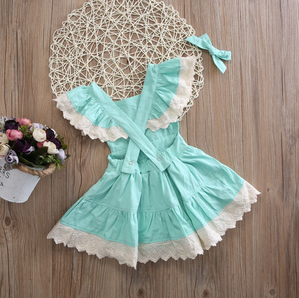 spesifikasi 2 PCS Baru Lahir Toddled Bayi Mainan Gadis Putri Renda Terbang Lengan O Neck Bow knot Ball Gown Dresses Sundress Headband 0 5 T