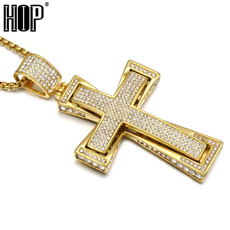 

Hip Hop Micro Pave Full Rhinestone Stainless Steel Iced Out Double Layer Cross Pendants Necklaces for Men Rapper Jewelry