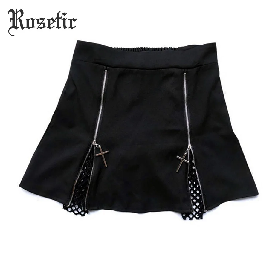 

Rosetic Woman Gothic Mini Skirt Black A-Line Cross Zipper Darkness Mesh Hollow Sexy Travel Club Party Girls Casual Goth Skirts