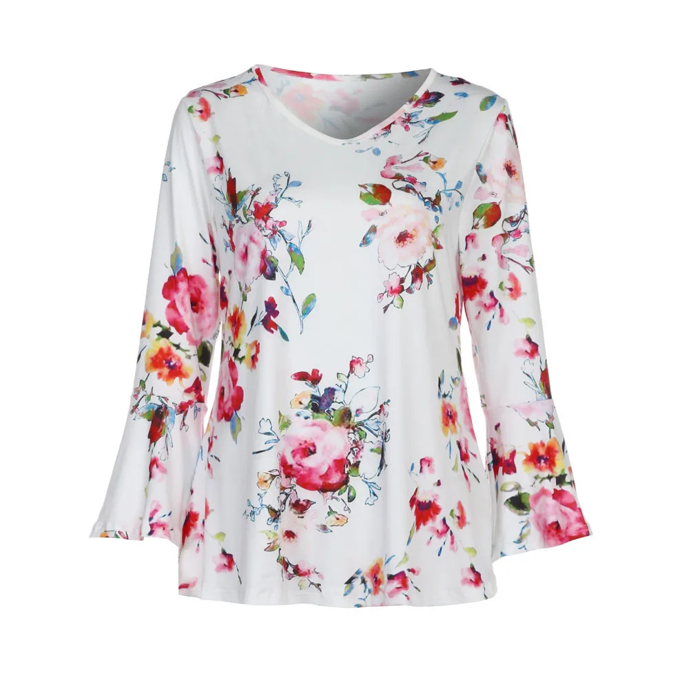 Блузка с цветочным принтом Расклешенным рукавом и v образным вырезом C1240|floral